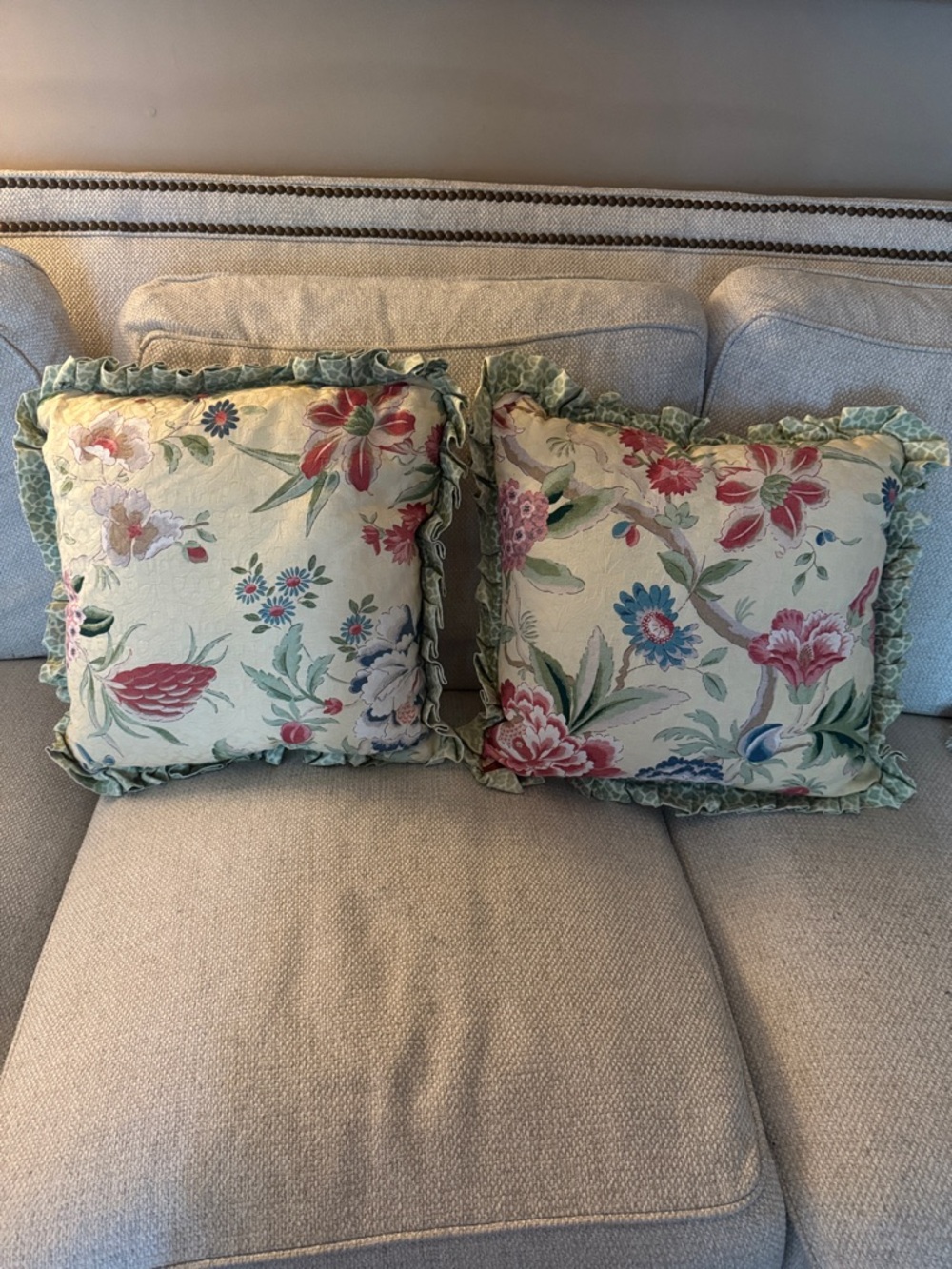 Floral Ruffled Throw Pillows- Pale Yellow with Pink & Green (Pair)